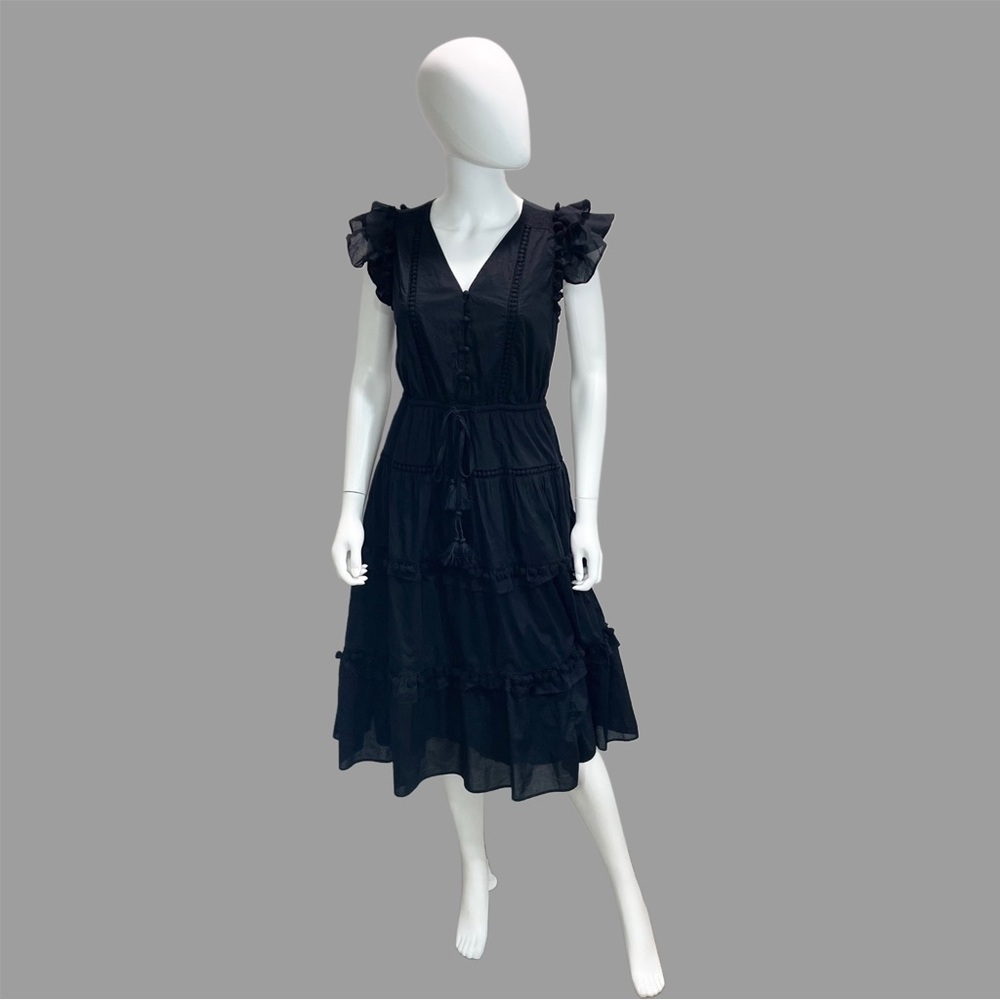 J.Crew Black Midi V-neck Pom Pom‎ cotton voile tiered size 6
